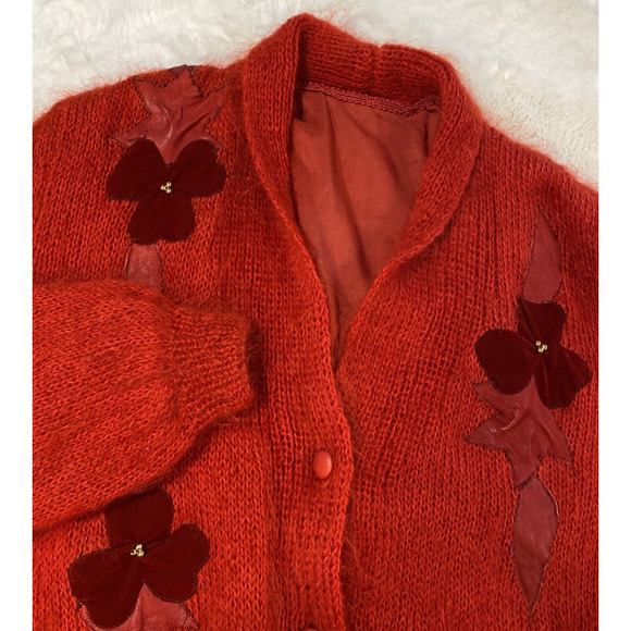 Vintage 80s Oversized Women's Red Mohair Velvet Leather Sweater Coat Sz‎ L/XL - Picture 1 of 10